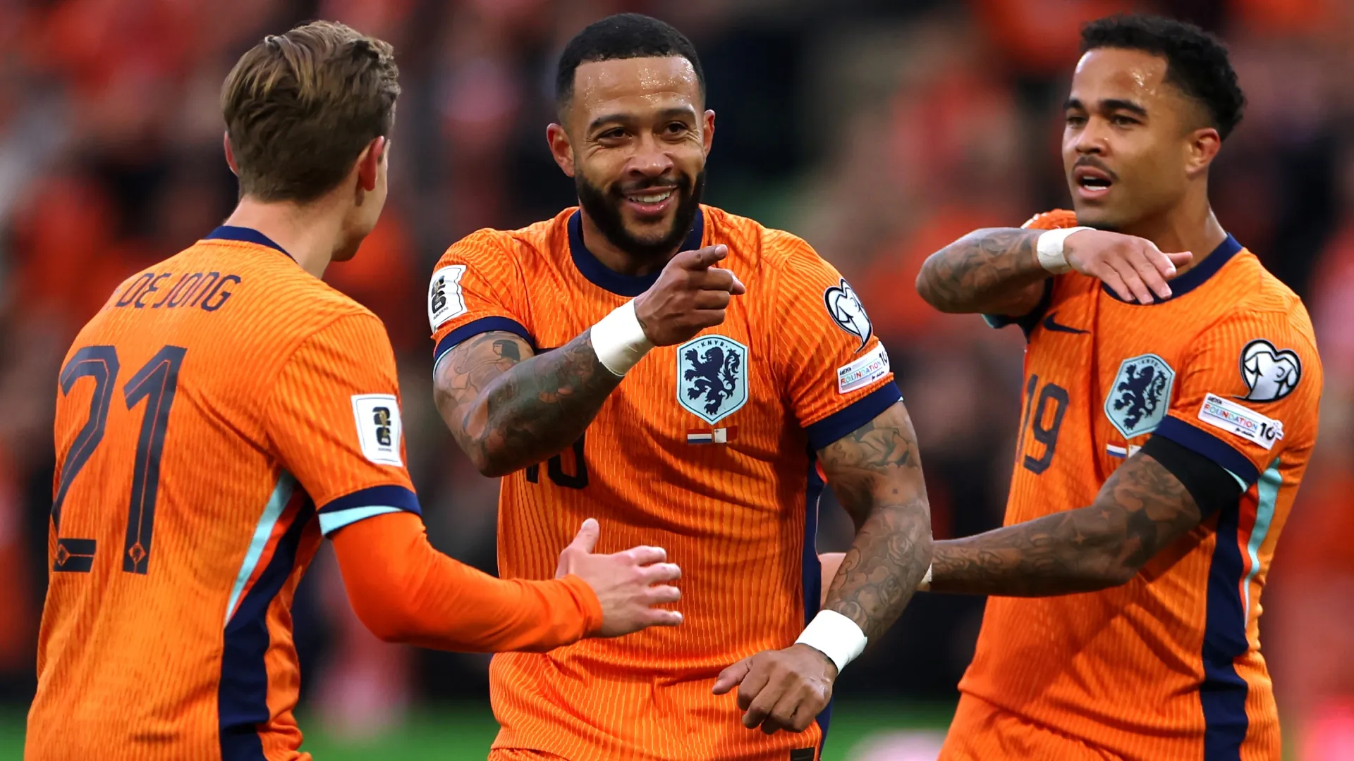 Memphis Depay of Netherlands celebrates scoring his team’s second goal. Dean Mouhtaropoulos/Getty Images