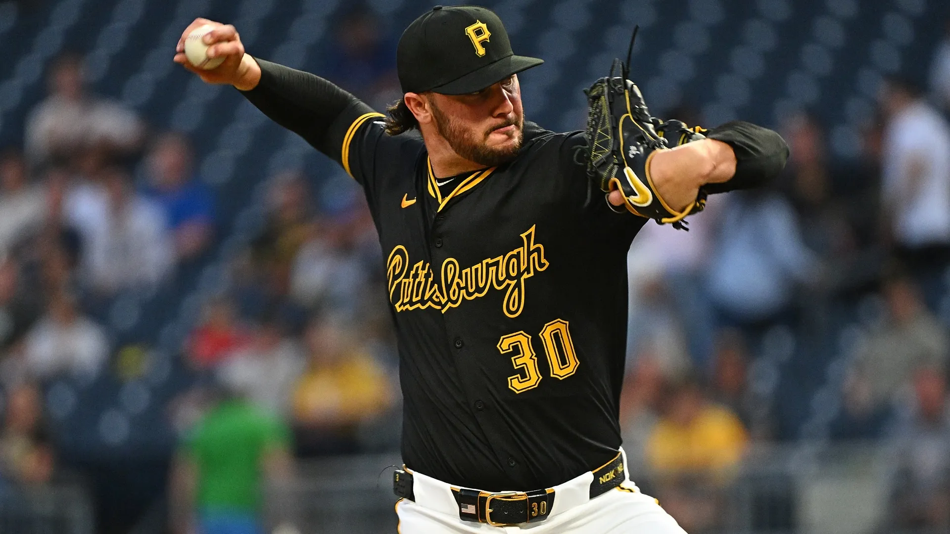 Paul Skenes #30 of the Pirates pitches in the second inning against the Cubs. Justin Berl/Getty Images