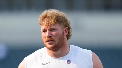 Cam Jurgens looks on vs the Bengals on August 7, 2025 in Philadelphia.