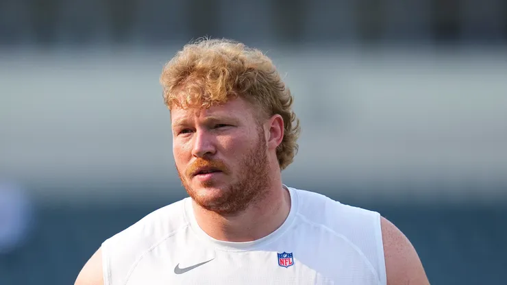 Cam Jurgens looks on vs the Bengals on August 7, 2025 in Philadelphia.