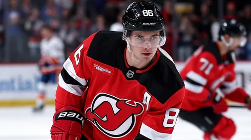 Jack Hughes #86 of the New Jersey Devils warms up before the game.