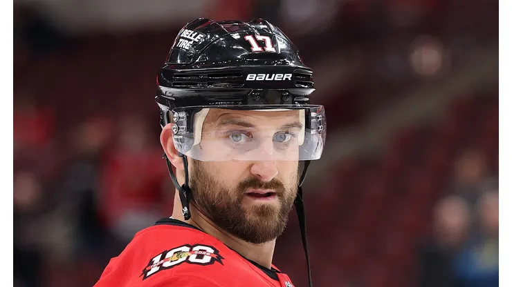Nick Foligno warms up prior to the game vs the Senators on October 28, 2025 in Chicago.