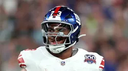 Evan Neal looks on against the Jets on August 24, 2024 in East Rutherford.