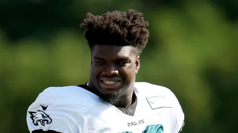 Jordan Davis smiles during training camp on July 28, 2025 in Philadelphia.