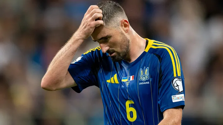 Ivan Kaliuzhnyi of Ukraine gestures during the FIFA World Cup 2026 Qualifiers.