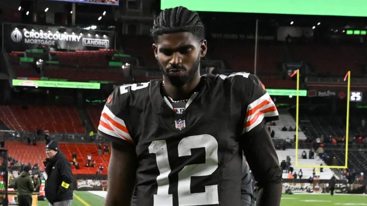 Shedeur Sanders #12 of the Cleveland Browns walks off the field.