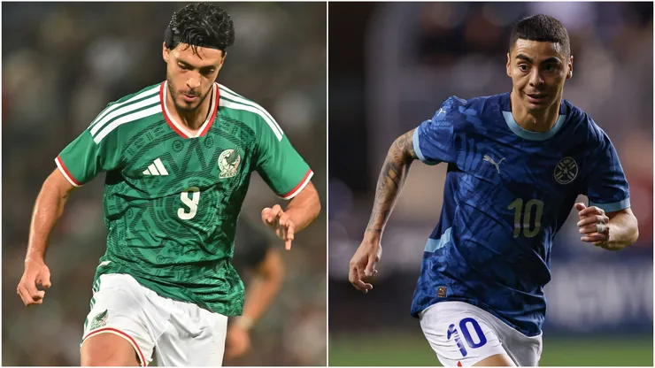 Raul Jimenez of Mexico and Miguel Almiron.