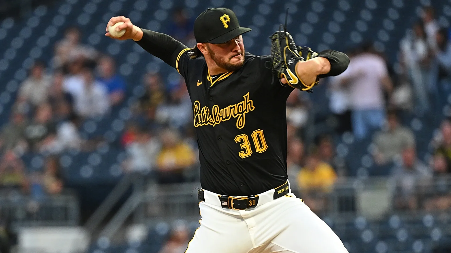 Paul Skenes #30 of the Pirates pitches in the second inning against the Cubs. Justin Berl/Getty Images