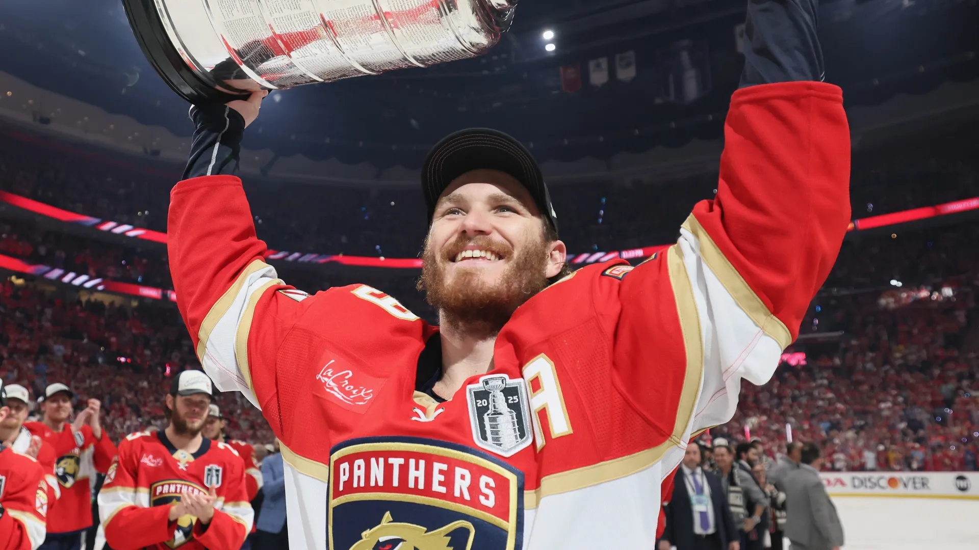 Matthew Tkachuk #19 of the Florida Panthers celebrates the Stanley Cup victory. Bruce Bennett/Getty Images