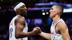 Bam Adebayo (left) and Tyler Herro during a Heat game.