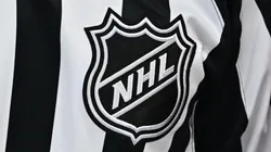 A closeup view of the NHL crest is seen on a referee jersey.
