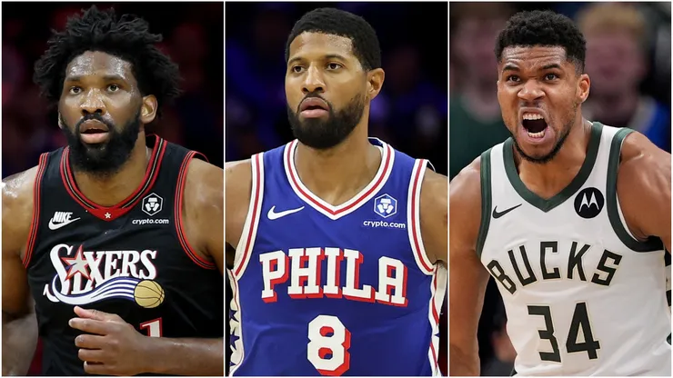 Joel Embiid and Paul George, and Giannis Antetokounmpo of Milwaukee Bucks.