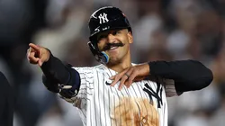 Trent Grisham #12 of the New York Yankees reacts.