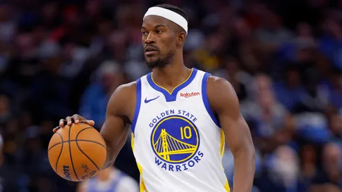 Jimmy Butler III #10 of the Golden State Warriors brings the ball up.