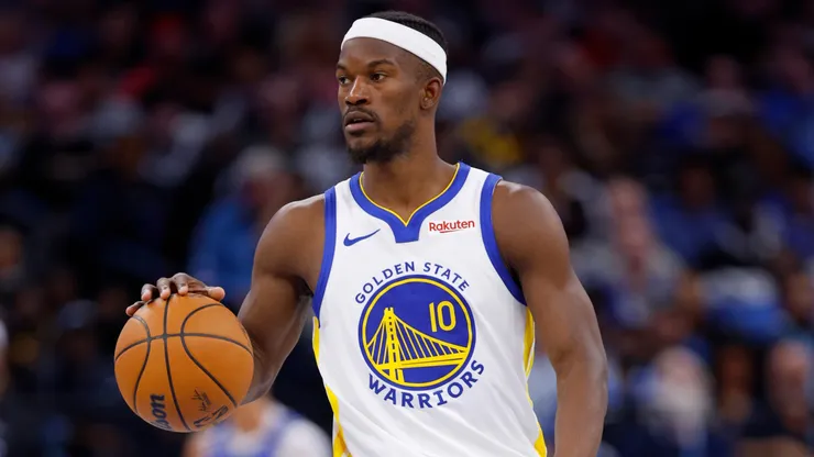Jimmy Butler III #10 of the Golden State Warriors brings the ball up.
