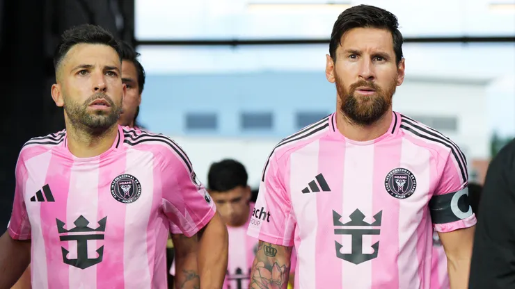 Jordi Alba and Lionel Messi of Inter Miami prior to a game.