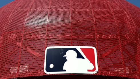 A detailed view of the MLB logo.