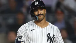 Trent Grisham #12 of the New York Yankees reacts after striking out.