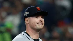 Tarik Skubal reacts after retiring the side vs the Mariners on October 10, 2025 in Seattle.