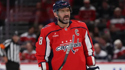 Alex Ovechkin #8 of the Washington Capitals skates during an NHL game.