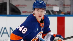 Matthew Schaefer #48 of the New York Islanders in action during the game.
