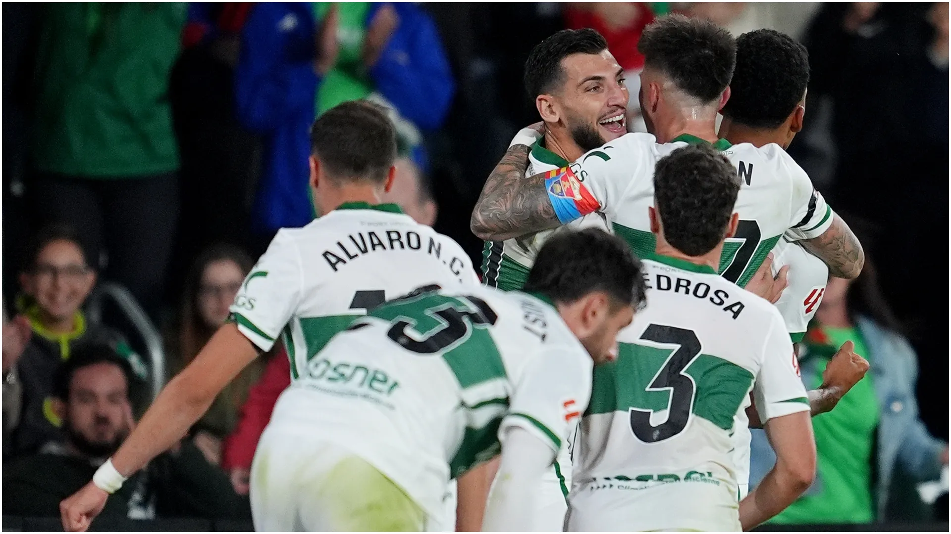 Alvaro Rodriguez of Elche CF celebrates with teammates – Mateo Villalba Sanchez/Getty Images