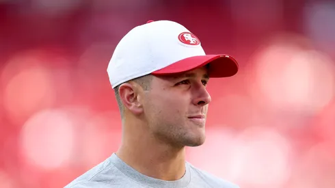 Brock Purdy stands on the field on August 23, 2025 in Santa Clara.