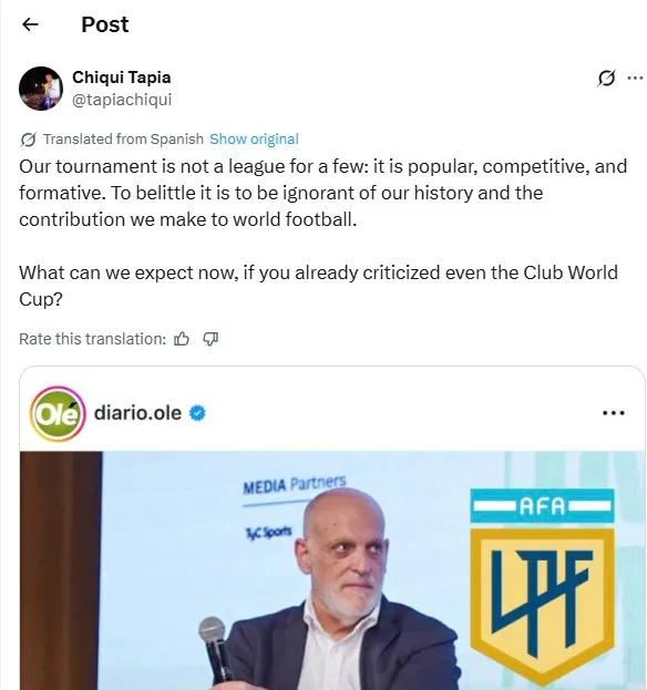 Claudio Tapia’s response to Tebas’ comments. (@tapiachiqui)