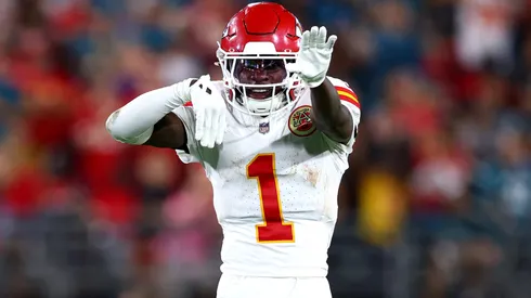 Xavier Worthy #1 of the Kansas City Chiefs