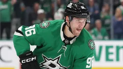 Mikko Rantanen #96 of the Dallas Stars controls the puck during a game.