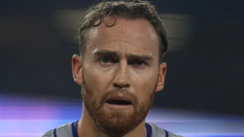 Brandon Nimmo reacts after flying out on October 13, 2024 in Los Angeles.