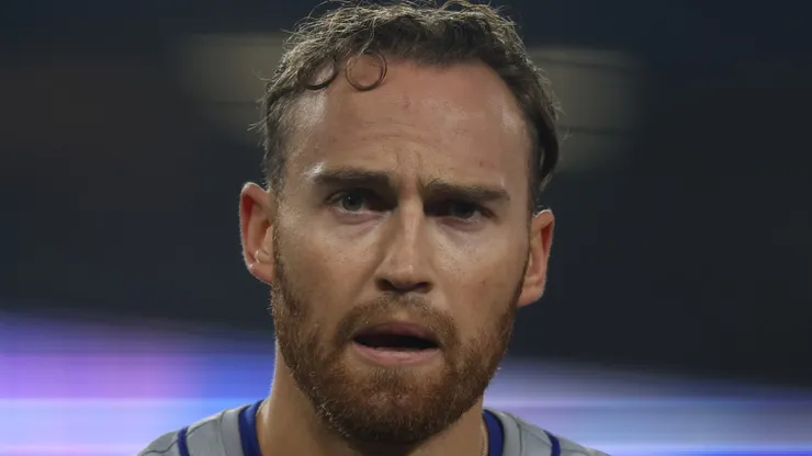Brandon Nimmo reacts after flying out on October 13, 2024 in Los Angeles.