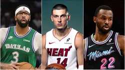 Anthony Davis of Dallas Mavericks and Tyler Herro, and Andrew Wiggins of Miami Heat.