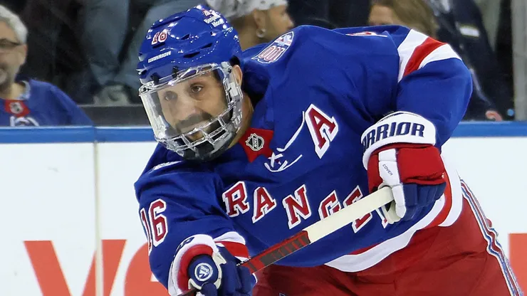 Vincent Trocheck #16 of the New York Rangers controls the puck.