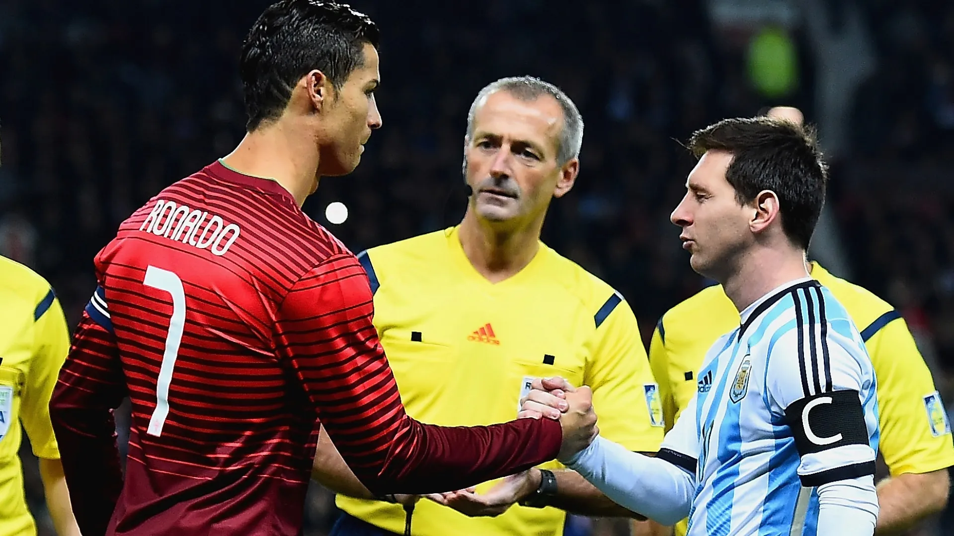 Cristiano Ronaldo of Portugal shakes hands with Lionel Messi of Argentina prior to the International Friendly. Laurence Griffiths/Getty Images