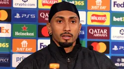 Raphinha of FC Barcelona speaks to the media.