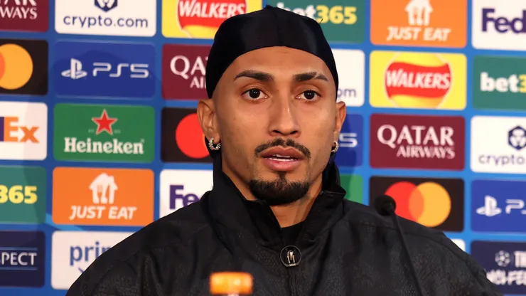 Raphinha of FC Barcelona speaks to the media.