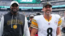 Mike Tomlin and Aaron Rodgers after a game in New York.