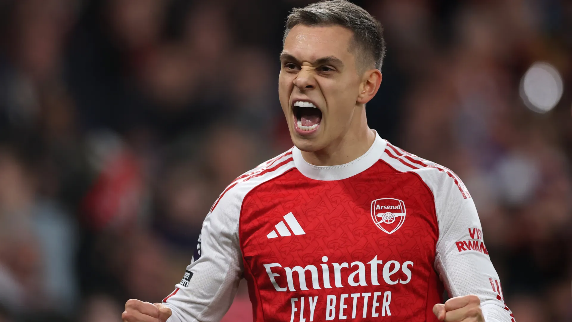 Leandro Trossard celebrates a goal against Tottenham. (Getty Images)