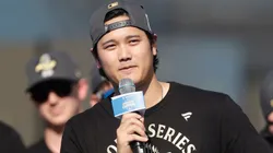 Shohei Ohtani of the Los Angeles Dodgers speaks during the 2025 Los Angeles Dodgers World Series Celebration.