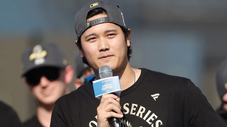 Shohei Ohtani of the Los Angeles Dodgers speaks during the 2025 Los Angeles Dodgers World Series Celebration.