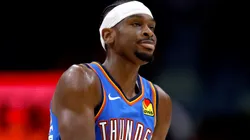 Shai Gilgeous-Alexander #2 of the Oklahoma City Thunder reacts.