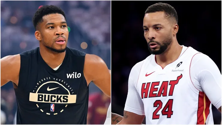Giannis Antetokounmpo of the Milwaukee Bucks and Norman Powell of the Miami Heat.