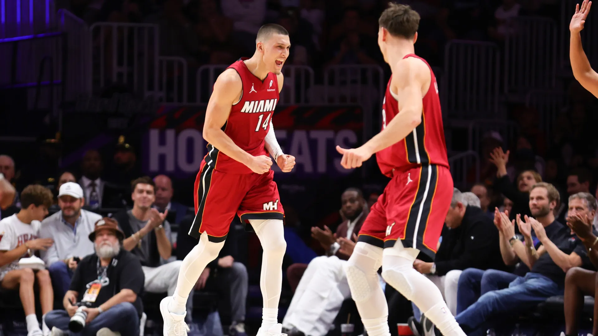 Tyler Herro celebrates during the game against the Mavericks. (Getty Images)