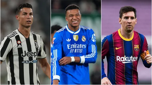 Cristiano Ronaldo (left), Kylian Mbappe (middle), and Lionel Messi (right)