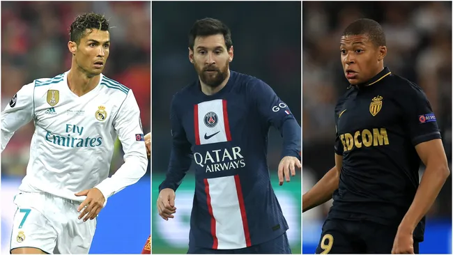 Cristiano Ronaldo (left), Lionel Messi (middle), and Kylian Mbappe (right)