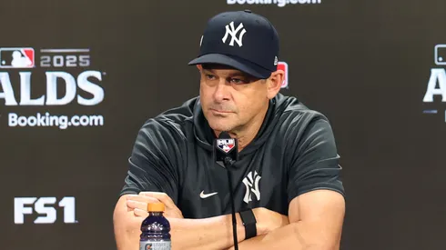 Manager Aaron Boone #17 of the New York Yankees speaks to the media.
