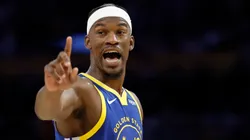 Jimmy Butler reacts to a foul during an NBA game.