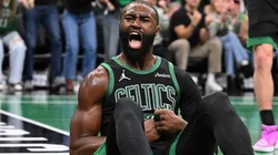 Jaylen Brown reacts after scoring a basket against the Pistons.