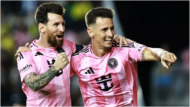 Tadeo Allende of Inter Miami with teammate Lionel Messi